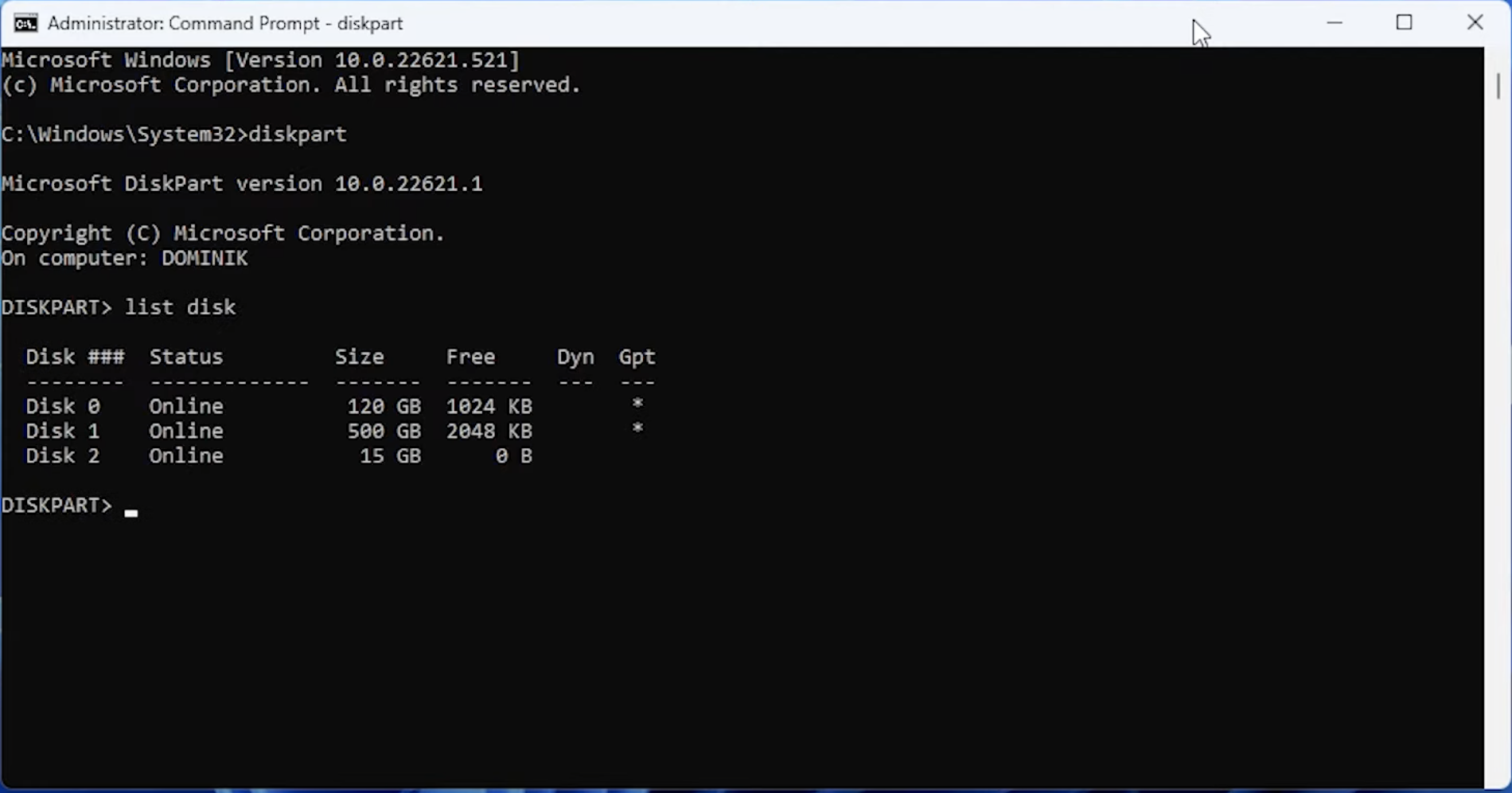 Identify the USB drive by typing list disk